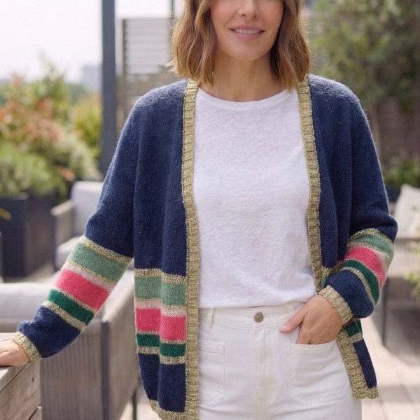 Women’s Colourful Striped Cardigan with Gold Lurex Trim - Navy
