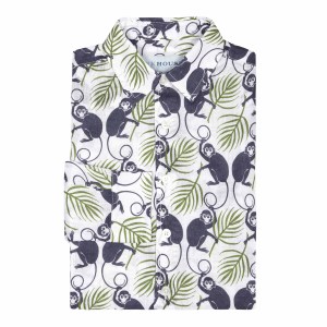 Monkey and Palms print linen shirt in plum and green on white from Pink House for kids