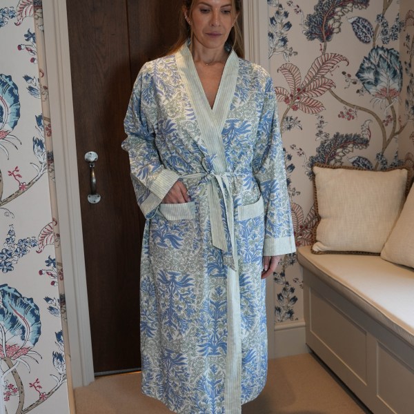 Reversible Hand Block Printed Cotton Robe - Meadow Mist