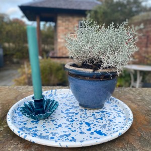 Blue splatter enamel tray