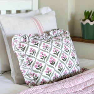Pink and Green Trellis Frilled Cushion