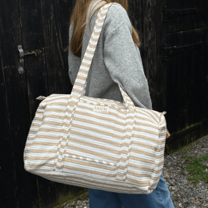 Hand Block Printed Duffle Bag – Latte Stripe