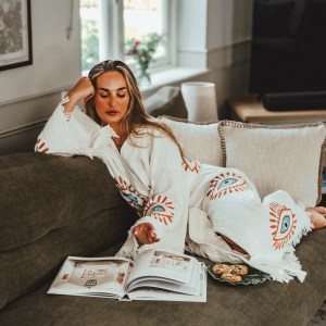 Long Organic Cotton Robe: White with Orange & Blue Eye