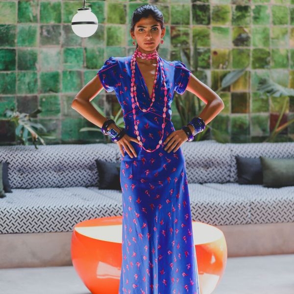 Long Millie Dress Blue Lovebirds Print