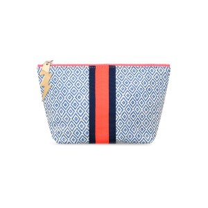 Blue and white woven textile make up bag with orange and navy stripe