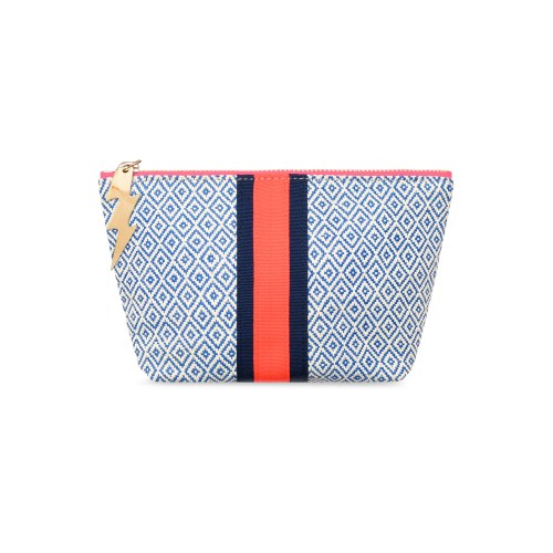 Blue and white woven textile make up bag with orange and navy stripe