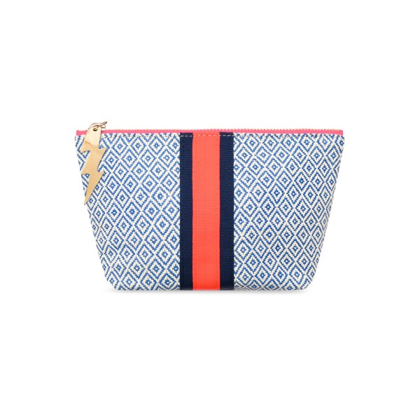 Blue and white woven textile make up bag with orange and navy stripe