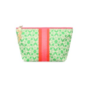 small green and white patterned make up bag with pink and red stripe