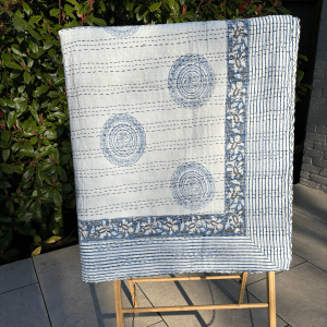 Blue and White Circle Design Hand Block Printed Kantha Quilt