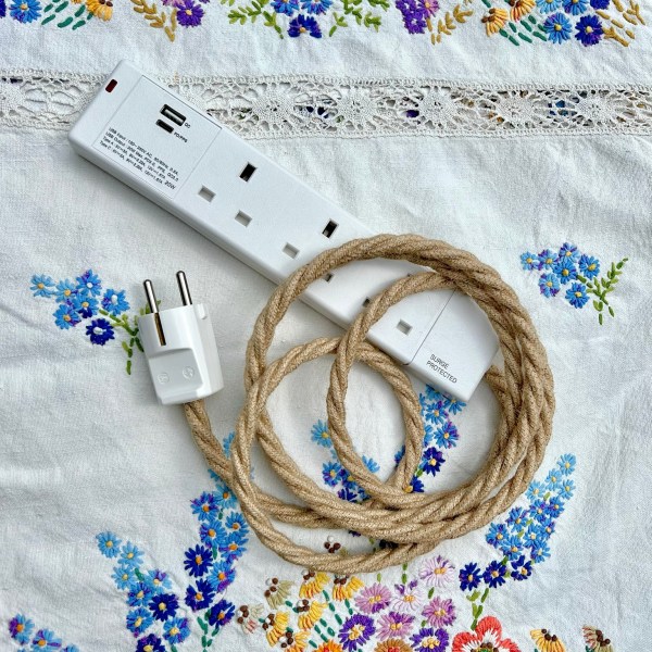 EU Travel Adaptor 1m / Black USB 3-way socket - Lola's Leads Fabric Extension Cable