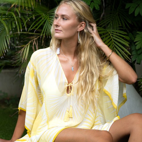 silk crepe-de-chine short kaftan in fan palm print by lotty b for pink house
