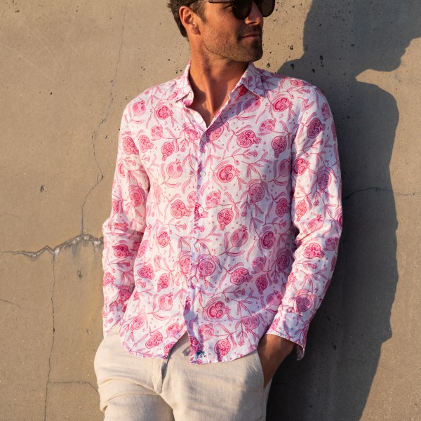 Classic Pink House print Pomegranate, shown here in pink on white