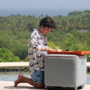 Monkey and Palms original Lotty B print on Children's swim shorts and linen shirts