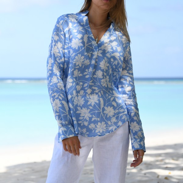 Blue and white Kim blouse with original Iguana print from Pink House