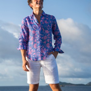 Original Iguana print in blue pink on linen shirt