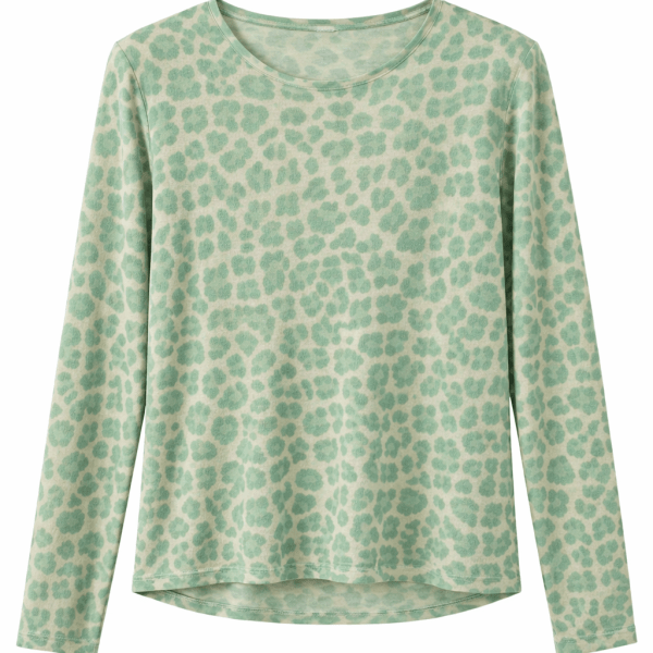 Green Leopard Print Cashmere Blend Layering Top