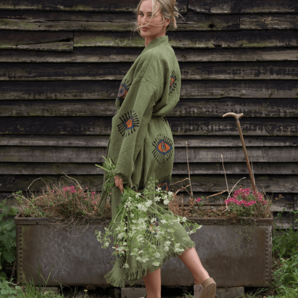 Long Organic Cotton Robe: Khaki Green Eye