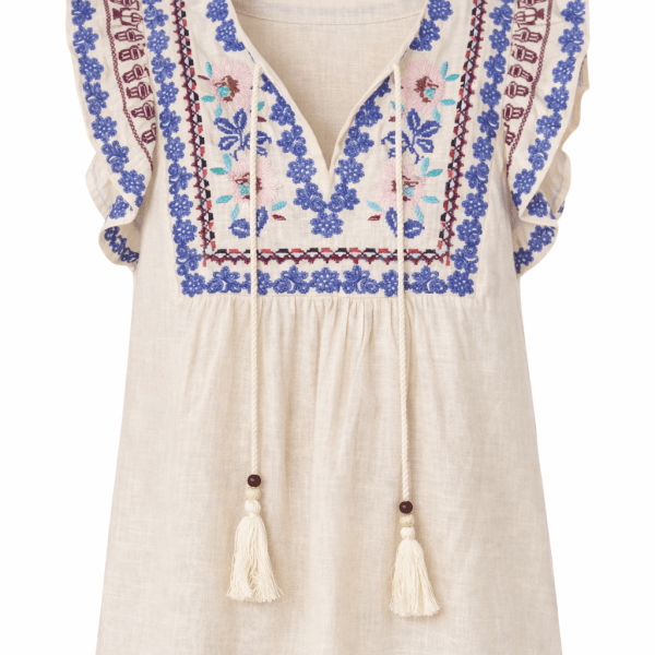 Embroidered Ruffle Sleeveless Top