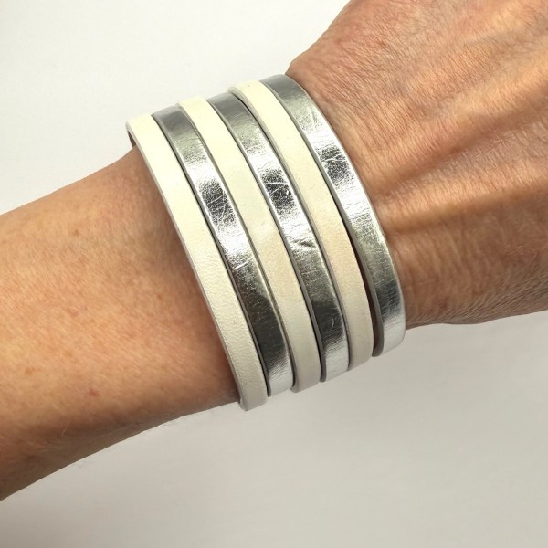 Silver and White Leather Cuff Bracelet