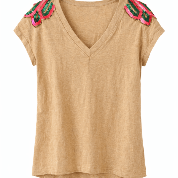 Sequin Shoulder Camel Cotton T Shirt