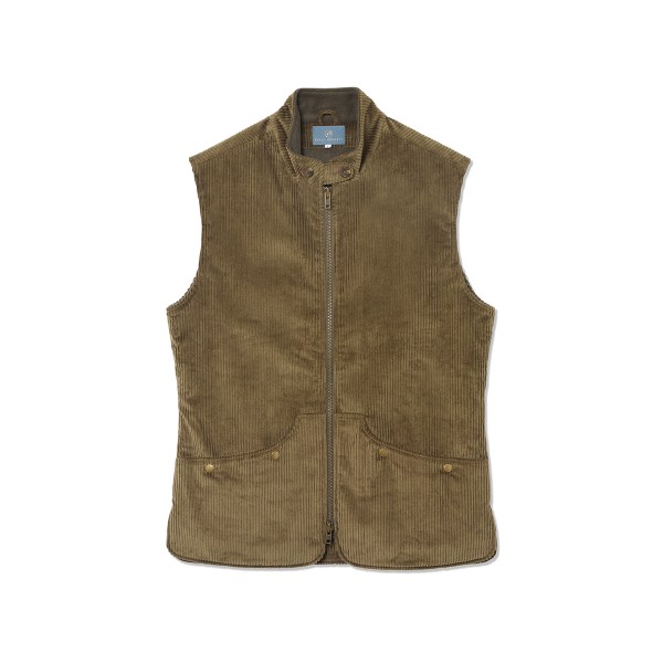 Men's 'Bertie' waistcoat in olive green jumbo corduroy with olive fleece and antique two way zip. Sizes S-3XL