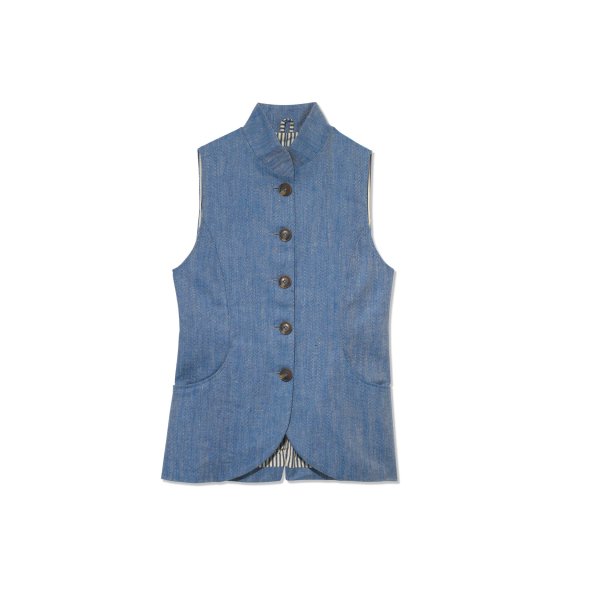 Blue Herringbone Irish Linen Gilet with blue ticking stripe lining. Sizes 6-18
