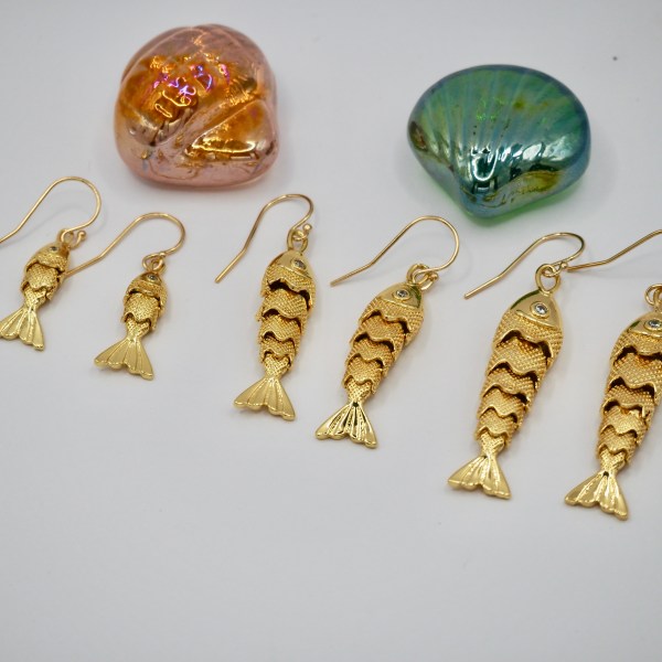 The WIGGLETAILS - Golden Articulated/Moving Fish Earrings available in three sizes