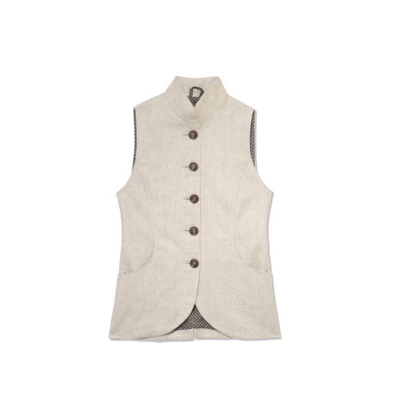 Ivory herringbone linen gilet with slate spot lining. Sizes 6-16