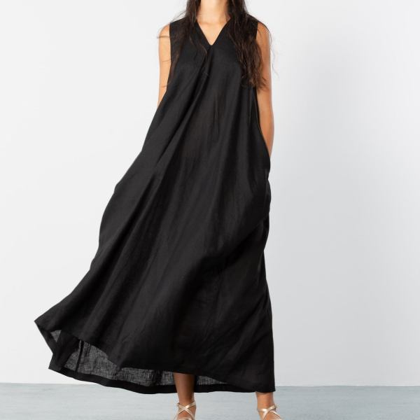 V-Neck Linen Maxi Dress in Black