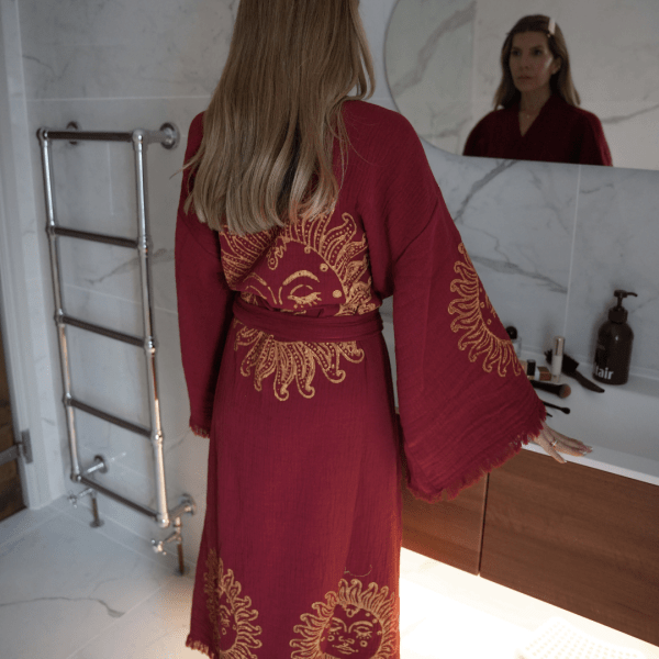 Long Organic Cotton Robe: Merlot with Gold Sun