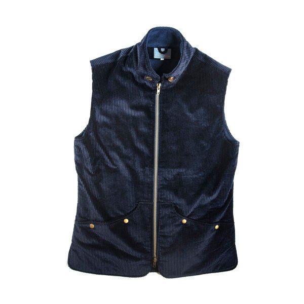 Men's 'Bertie' waistcoat in navy jumbo corduroy with navy fleece and antique brass two way zip. sizes S-4XL