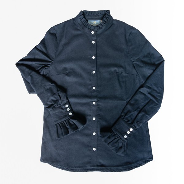 Frill shirt in navy brushed cotton sizes 6-16