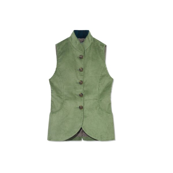 Gilet in sage green corduroy with teal velvet collar and spot lining sizes 6-18