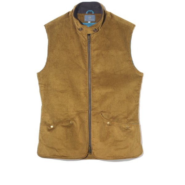 Men's 'Bertie' waistcoat in tobacco jumbo corduroy with cotton lining, moleskin collar and antique two way zip. Sizes S-4XL