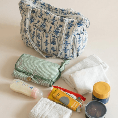 Block Print Nappy Bag - Blue