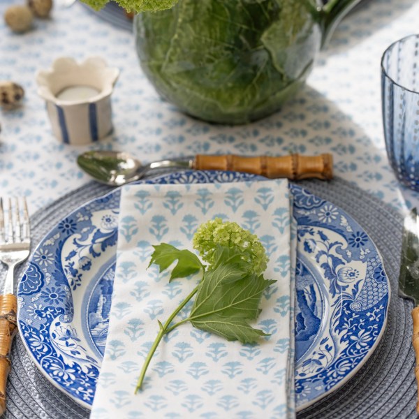 Cornflower Blue Carnation Handblocked Tablecloth (10 seater)