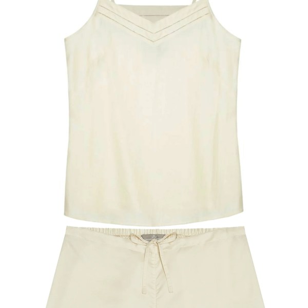 Mulberry Silk Camisole and Shorts Set in Ivory with Navy Piping