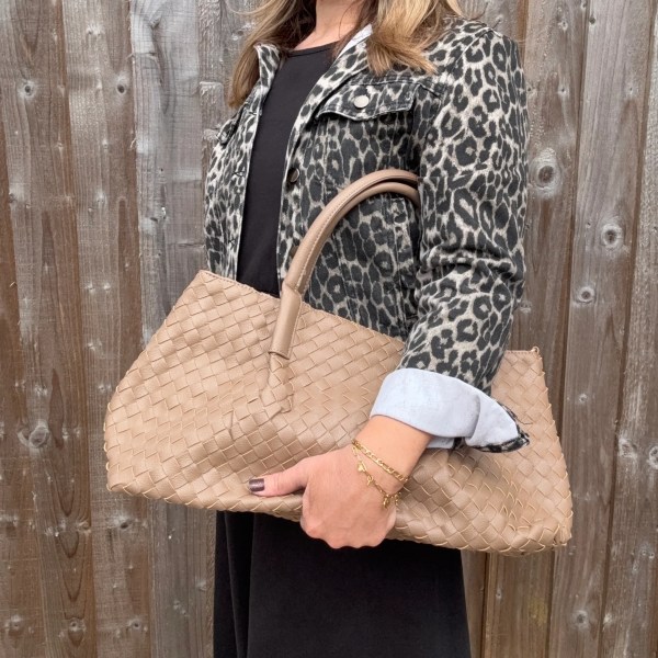 Taupe Faux Leather Weave Tote/ Crossbody Bag