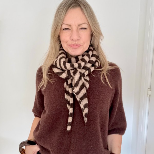 Taupe & Brown Stripe Knitted Long Triangle Scarf/ Necktie
