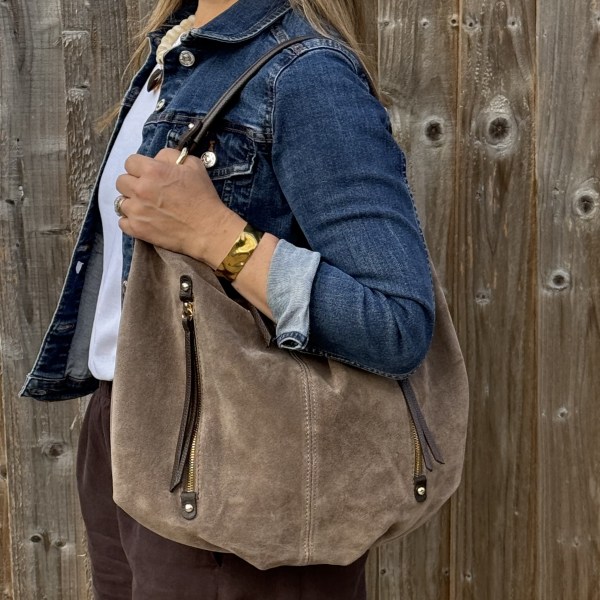 Dark Taupe Suede Zip Feature Large Shoulder/ Crossbody Bag