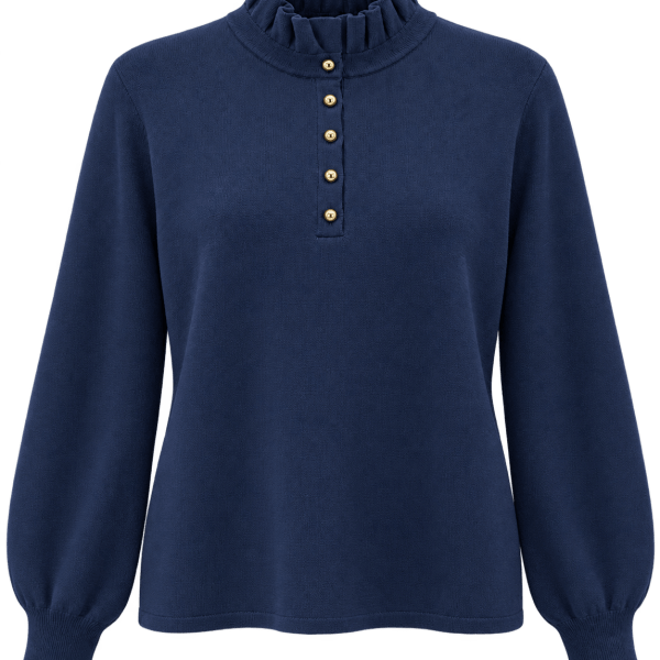 Navy Ruffle Neck Henley Jumper