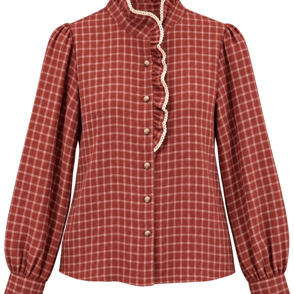 Plaid Rust Ruffle Cotton Blouse