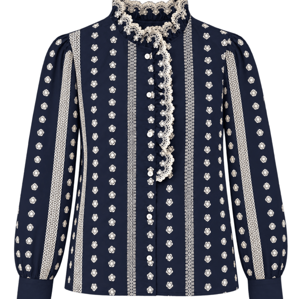 Navy Embroidered Ruffle Blouse