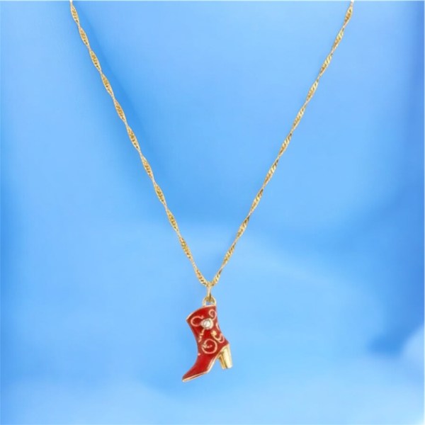 Red Cowgirl Boot Pendant Necklace on Gold Plated Chain