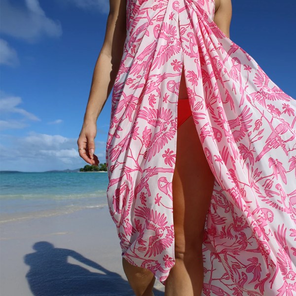100% silk crepe-de-chine sarong with pink parrots