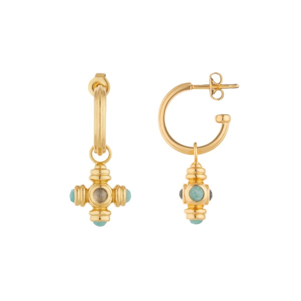 Blue Topaz Cross Gemstone Charm Gold Hoop Earrings