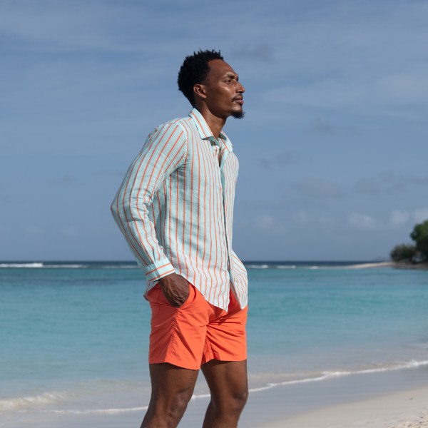 Linen striped shirt in orange and turquoise. Lightweight linen