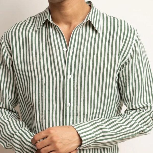 CLASSIC LINEN SHIRT — FOREST GREEN STRIPE
