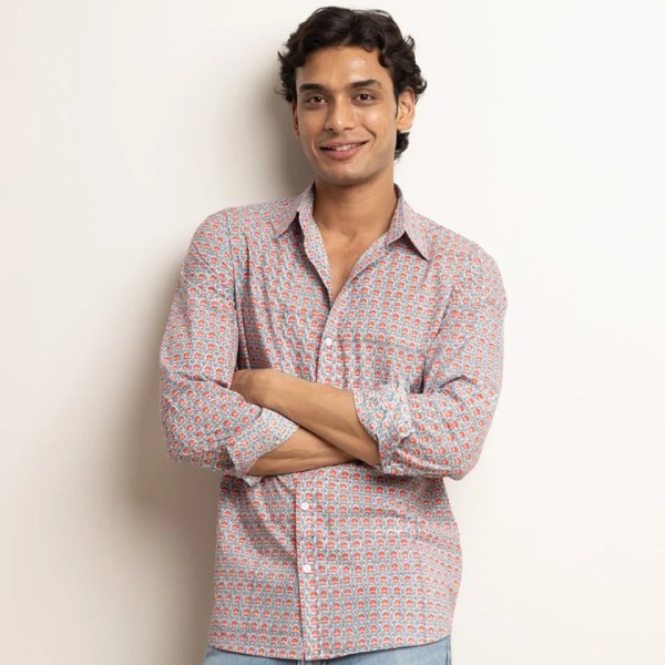 CLASSIC SHIRT - DUSTY BLUE & CORAL BUTI