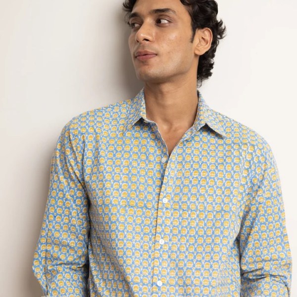 CLASSIC SHIRT - SARAS BLUE & MUSTARD BUTI